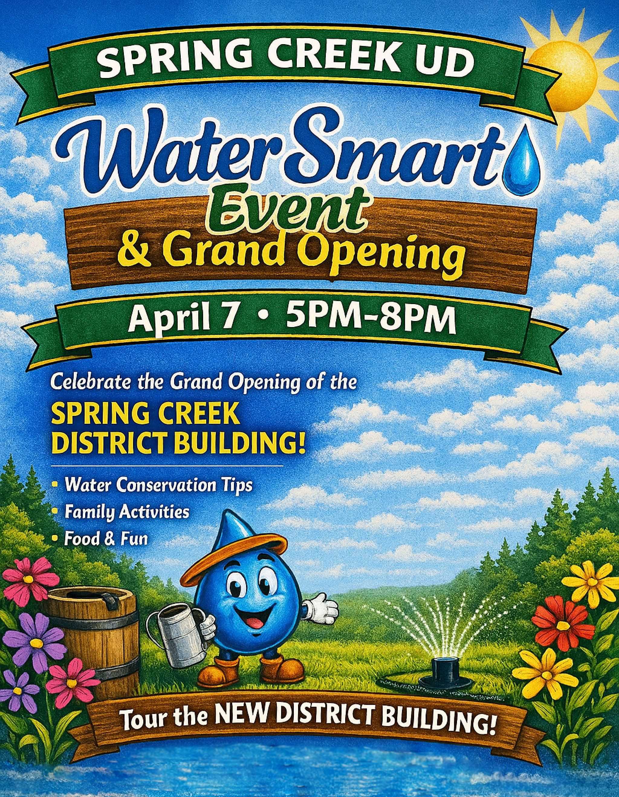 Spring Creek UD WaterSmart Event & Grand Opening flyer. April 7, 5PM-8PM. Features water conservation tips, family activities, food, and tours of the new Spring Creek District Building.