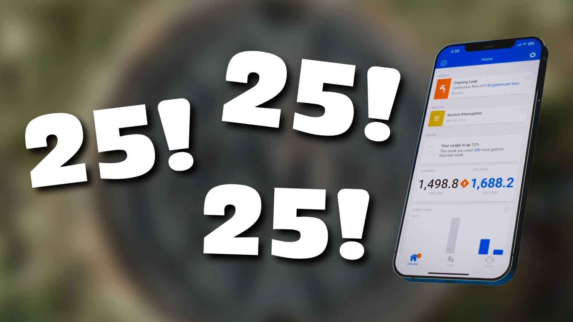 Graphic promoting smart water monitoring with large “25!” text repeated three times beside a smartphone displaying a water usage app dashboard with alerts, usage data, and consumption charts.